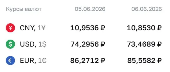 Официальный курс на выходные и понедельник, 8 июня: доллар — 73,47 ₽, евро — 85,56 ₽, юань — 10,85 ₽. По этим курсам проводятся расчеты по облигациям и фьючерсам.