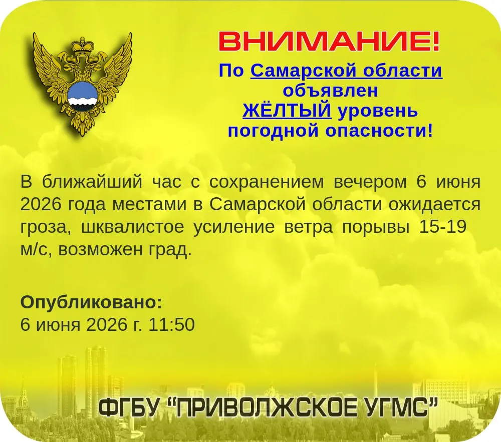 В&nbsp;Самарской области объявлен жёлтый уровень опасности из‑за&nbsp;грозы и&nbsp;шквалистого ветра