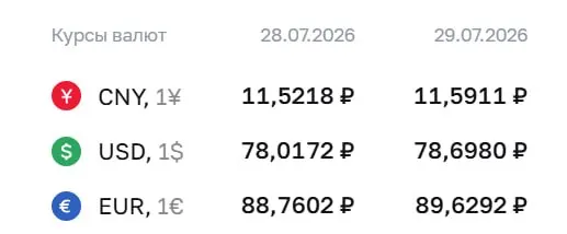 Официальный курс на 29 июля: доллар — 78,7 ₽, евро — 89,63 ₽, юань — 11,59 ₽. Для доллара это максимум с 8 апреля. По курсу ЦБ проходят расчёты по облигациям и фьючерсам.