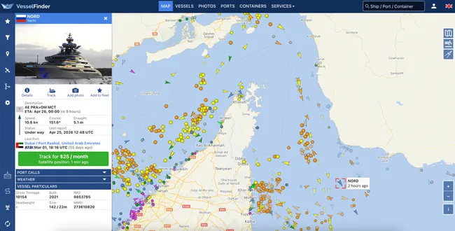 142-метровая суперъяхта «Норд», принадлежащая миллиардеру Алексею Мордашову, вышла из Дубая, прошла Ормузский пролив и следует в Оман; по данным сервисов отслеживания, вместе с ней через пролив прошли и другие суда, в том числе находящиеся под американскими санкциями.