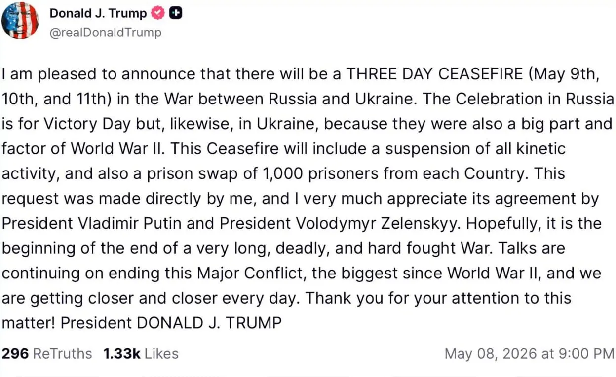 По словам президента США, перемирие с 9 по 11 мая предусматривает приостановку боевых действий и обмен по 1 000 пленных с каждой стороны.