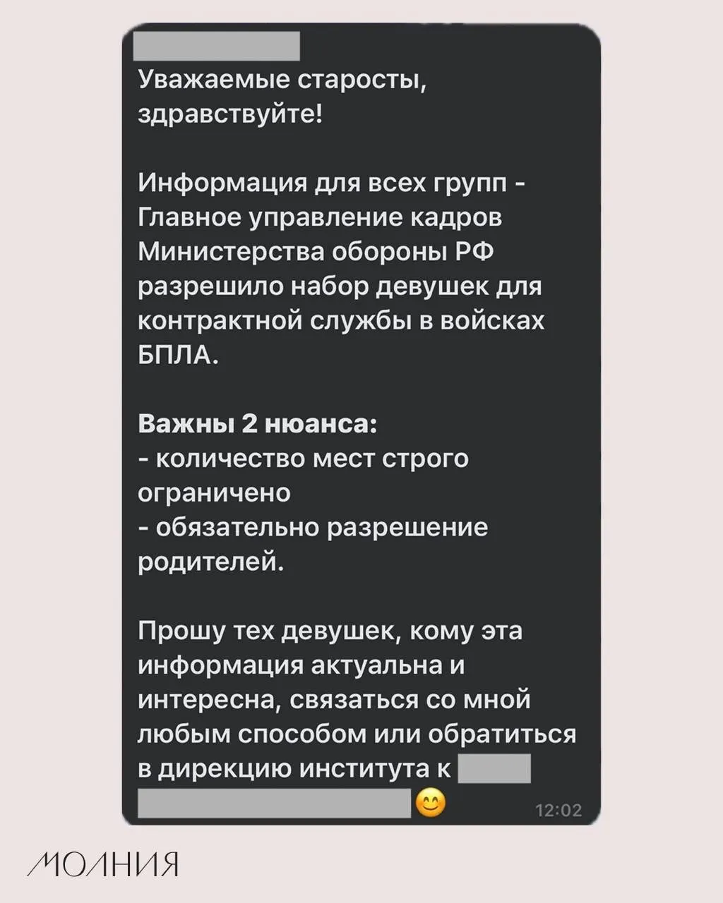 Старостам Института филологии и языковой коммуникации СФУ поручили распространить информацию о наборе девушек для контрактной службы в подразделениях беспилотных летательных аппаратов.