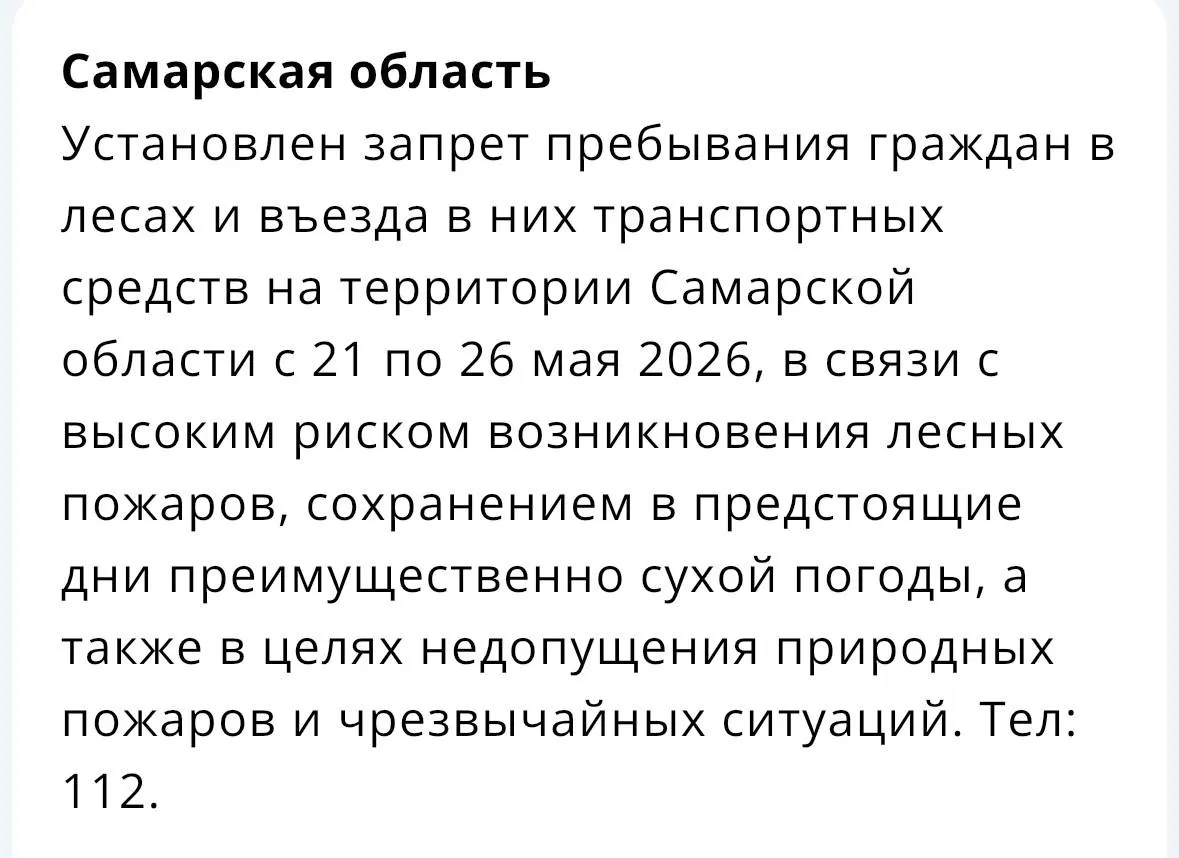 Из‑за сухой погоды в регионе с 21 по 26 мая запрещено пребывание людей и въезд транспорта в леса — власти предупредили о высоком риске лесных пожаров.