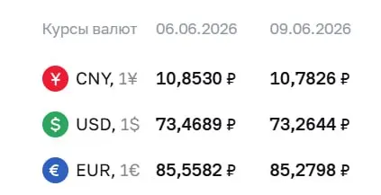 Официальный курс ЦБ на 9 июня: доллар 73,26 ₽, евро 85,28 ₽, юань 10,78 ₽. По курсу регулятора проходят расчёты по ряду финансовых инструментов.