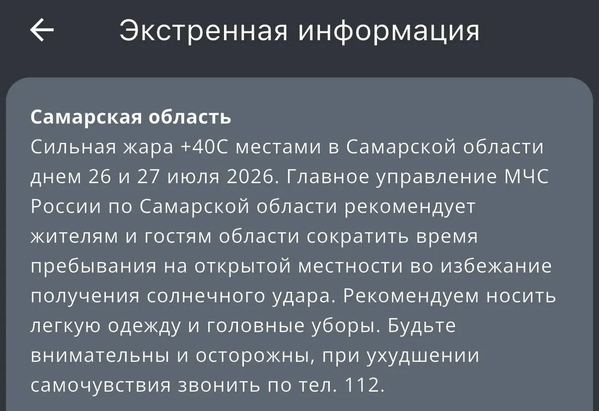 РСЧС предупреждает: вечером 25 июля и ночью 26 июля в Самарской области — гроза, град и порывы ветра до 20 м/с. 26–27 июля прогнозируется жара до +40°C.