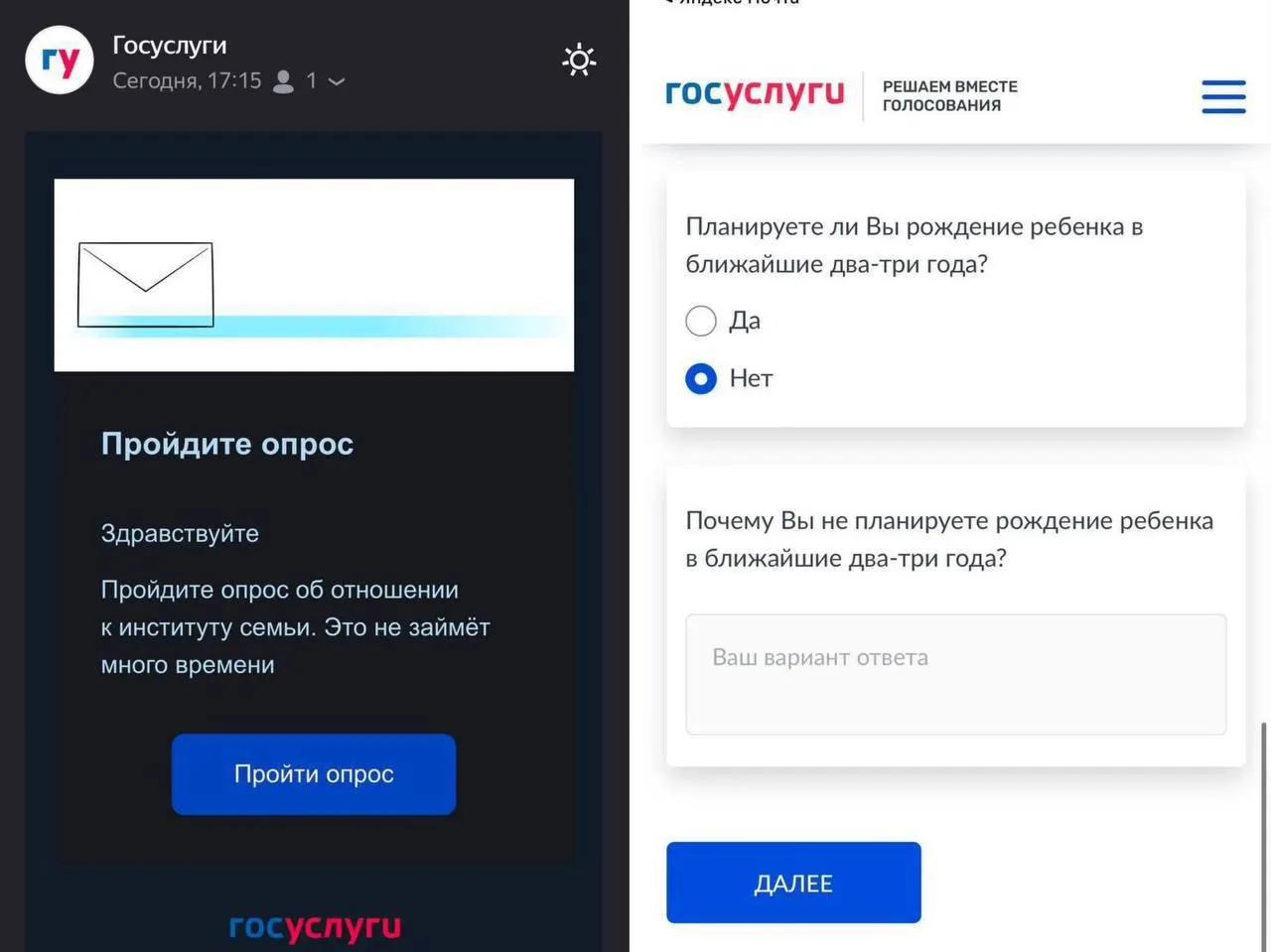 Опрос задаёт вопрос о намерении рожать в ближайшие 2–3 года и причинах возможного отказа.