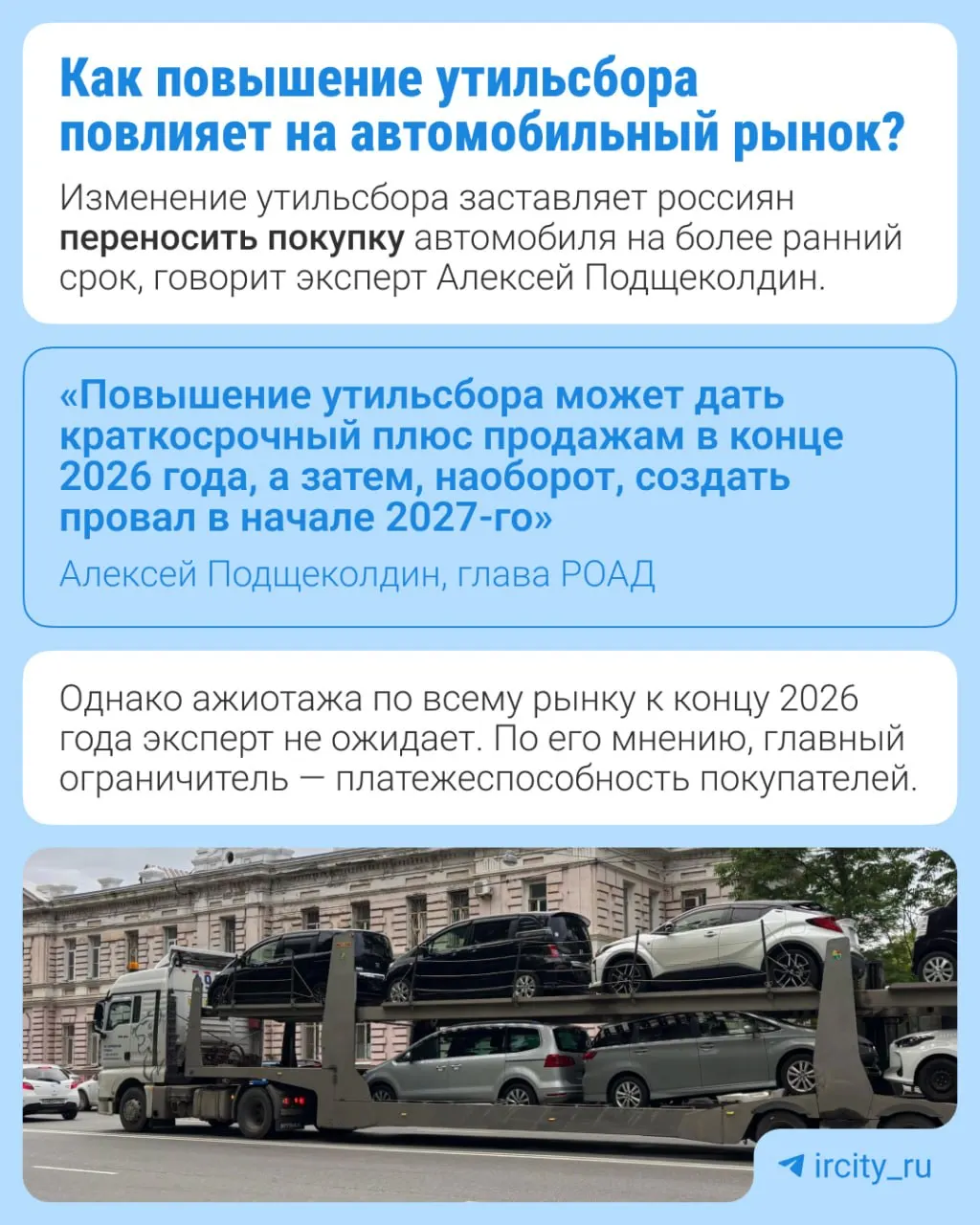 С 1 января 2027 года утильсбор вырастет на 10–20% в зависимости от вида техники. Это запланированный этап долгосрочной индексации, утверждённый в 2024 году.