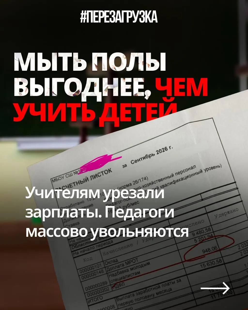 Учителя из разных регионов публикуют расчётные листки и жалуются на снижение зарплат при прежней нагрузке на фоне растущих расходов на оборону.