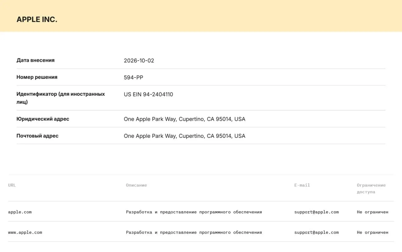 Роскомнадзор включил Apple и Microsoft в реестр организаций, распространяющих информацию. Компании обязаны хранить данные пользователей на российских серверах и передавать их силовым структурам по запросу; за нарушение предусмотрены штрафы и возможная блокировка сервисов.